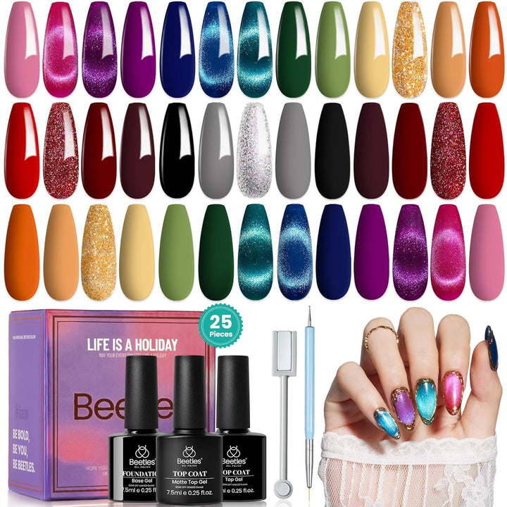 Beetles Gel Nail Polish Kit, 23Pcs Fall Nude Pink Brown Burgundy Red Gel Polish Set with Base Top Coat Verse of Roses Kit, Soak off Uv Gel Golden Glitter Holiday Nail for Women