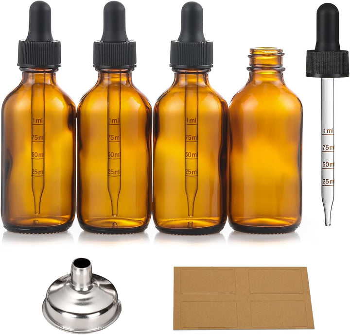 4 Pack, 1 Oz Thick Dark Amber Glass Dropper Bottles with 1 Funnels & 4 Labels - 30Ml Tincture Bottles with Eye Dropper - Leakproof Essential Oils Bottle - Storage and Travel for Beauty or Health