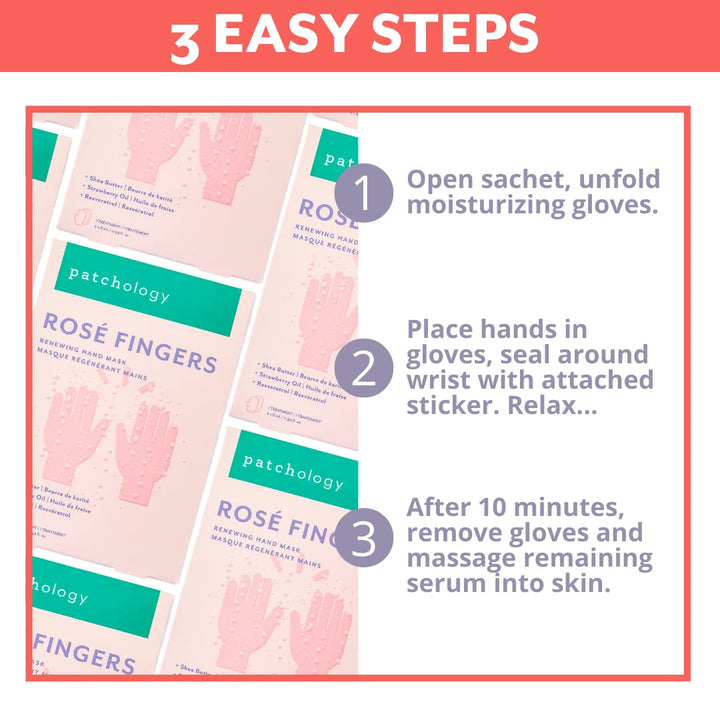 Rosé Fingers Renewing Hand Mask - Strawberry-Scented Moisturizing Gloves with Shea Butter for Dry & Cracked Hands, Repairing Hand Treatment for Baby Soft Skin, Self-Care Essential - 1 Pair