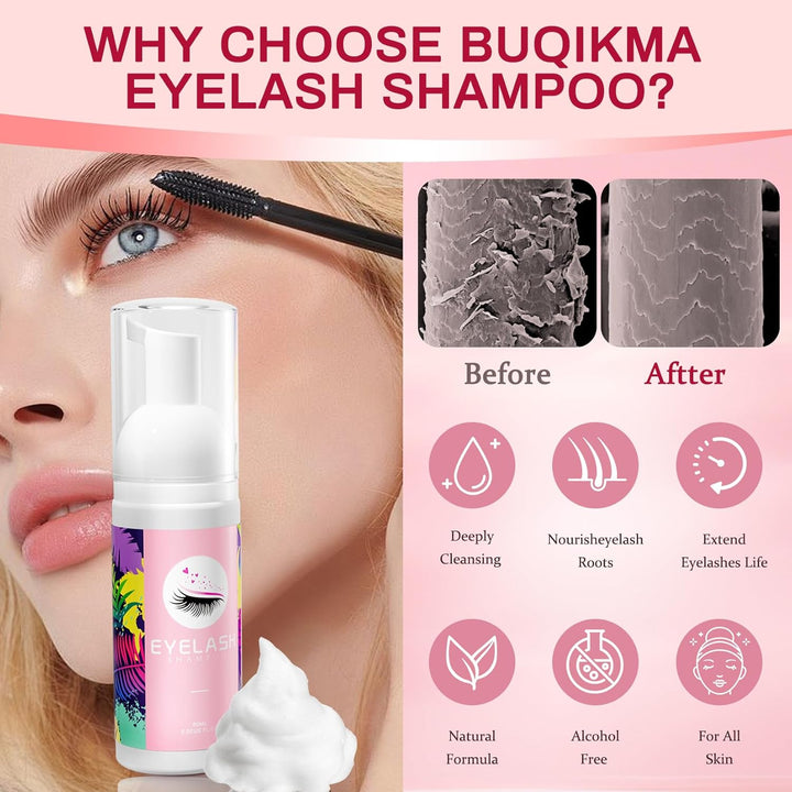 Lash Cleaning Kit - Lash Shampoo Kit Eyelash Extension Cleanser for Extensions 60ML with Rechargeable Handheld Lash Fan Dryer Mascara Brush Rinse Bottle Makeup Cleansing Foam for Lash Care