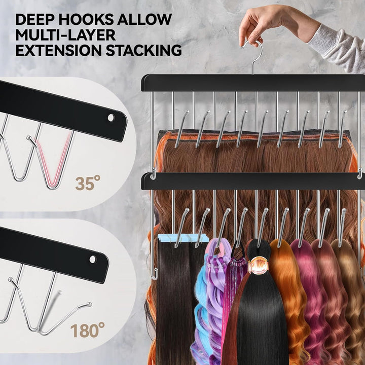 2 Pack Hair Extension Holder & Hanger – Braiding Rack Stackable Hair Extension Storage Rack for Styling, Rotatable Wig Organizer Stand for Wigs, Hairpieces, Clip/Tape Ins and Accessories