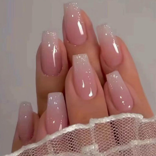 Bling Coffin Press on Nails Fake Nails Tips Full Cover Medium False Gradient Nails for Women and Girls 24PCS (Coffin Pink)