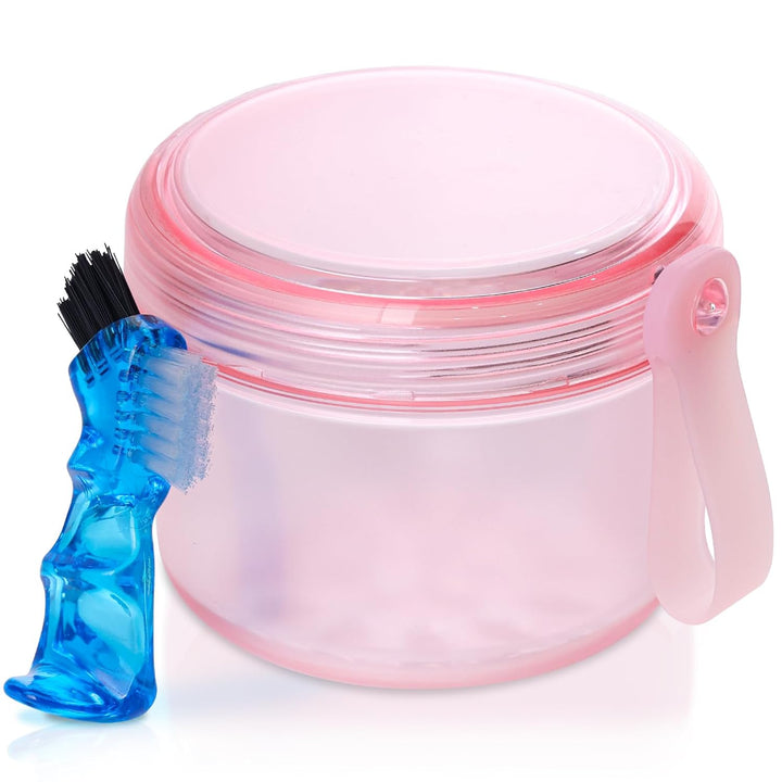 Denture Case, Leak Proof Denture Bath Cup for Travel, Denture Container Cups for Soaking Full & Partial Dentures, Retainers, Denture Cleaning Kit Holder Box with Denture Cleaner Brush-Pink