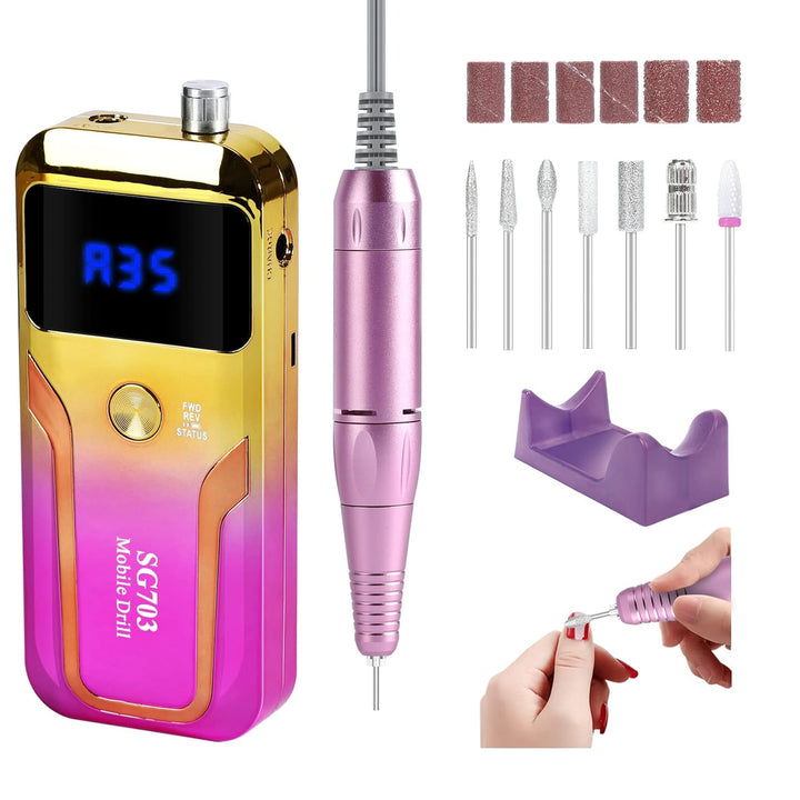 Portable Nail Drill Professional 35000 RPM,  Rechargeable Electric Nail File Machine E File for Acrylic Gel Polishing Removing, Cordless E-File with Bits Kit for Manicure Salon Home, Pink