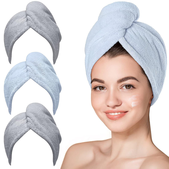 Microfiber Hair Towel,Turbans for Drying Wet Hair, anti Frizz Hair Wrap Towels for Curly Hair Women (Blue,Grey,Pink) , 3 Packs