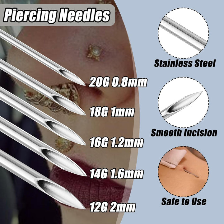 100Pcs Piercing Needles Mixed 12G 14G 16G 18G 20G Hollow Needles for All Piercings