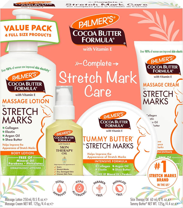 Cocoa Butter Formula Pregnancy Skin Care Kit for Stretch Marks and Scars, Dermatologist Approved, Gift for Mom to Be, 4 Piece Full Size Set