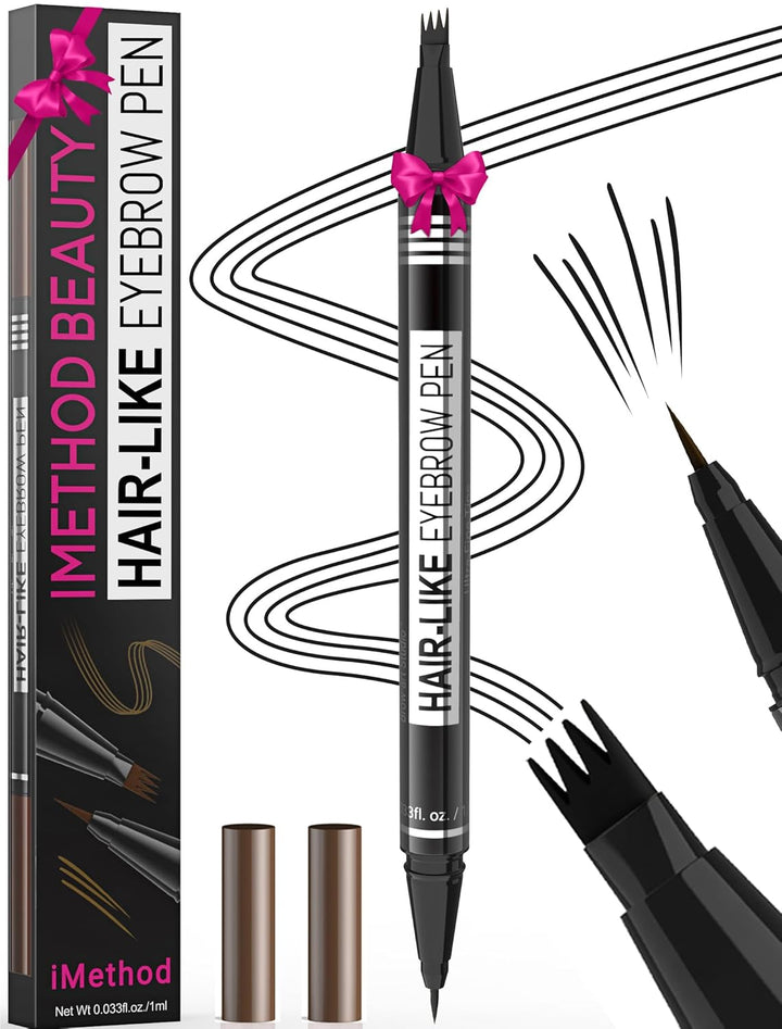 Microblading Eyebrow Pen - Eyebrow Pencil Magical 2-In-1 Dual-Ended Eye Brow Pencils for Women with 4-Fork-Tip & Precise Brush-Tip Create Natural Hair-Like Brows, Last All-Day, Dark Brown