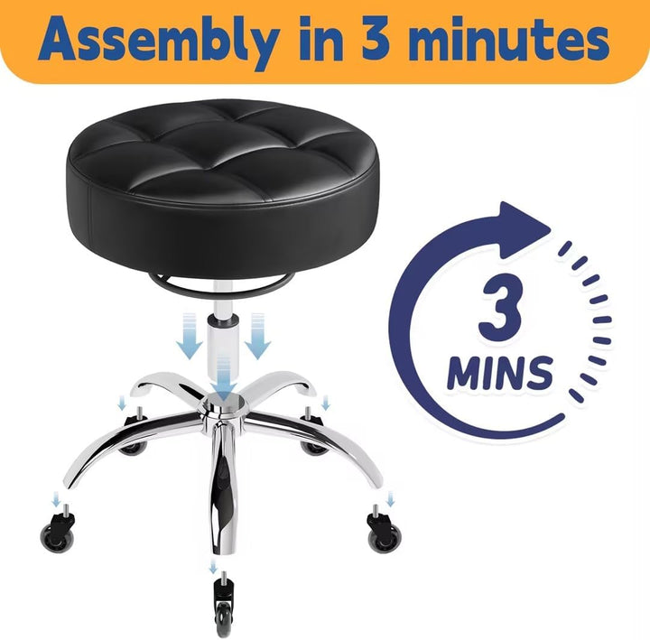 Heavy Duty 400Lb Rolling Stool: Super Soft Leather Seat Cushion, 360 Swivel, Height Adjustable, No Squeak, No Tip Over, Salon & Spa Stool (Black)