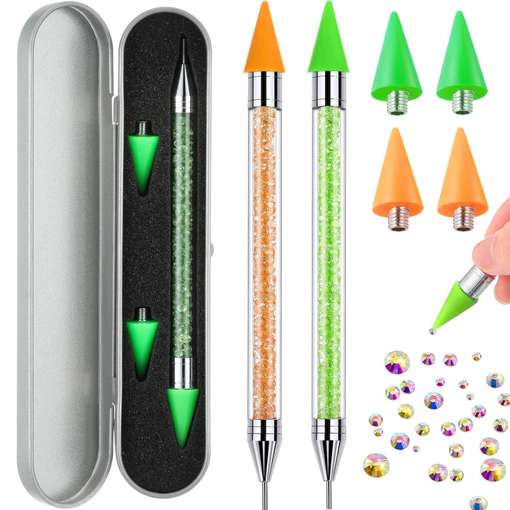 2 Pieces Rhinestone Picker Dotting Pen, Dual-Ended Rhinestone Gems Crystals Studs Picker Wax Pencil Pen Crystal Beads Handle Manicure Nail Art DIY Decoration Tool (Light Blue Pink)