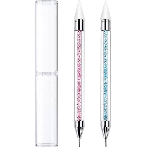 2 Pieces Rhinestone Picker Dotting Pen, Dual-Ended Rhinestone Gems Crystals Studs Picker Wax Pencil Pen Crystal Beads Handle Manicure Nail Art DIY Decoration Tool (Light Blue Pink)