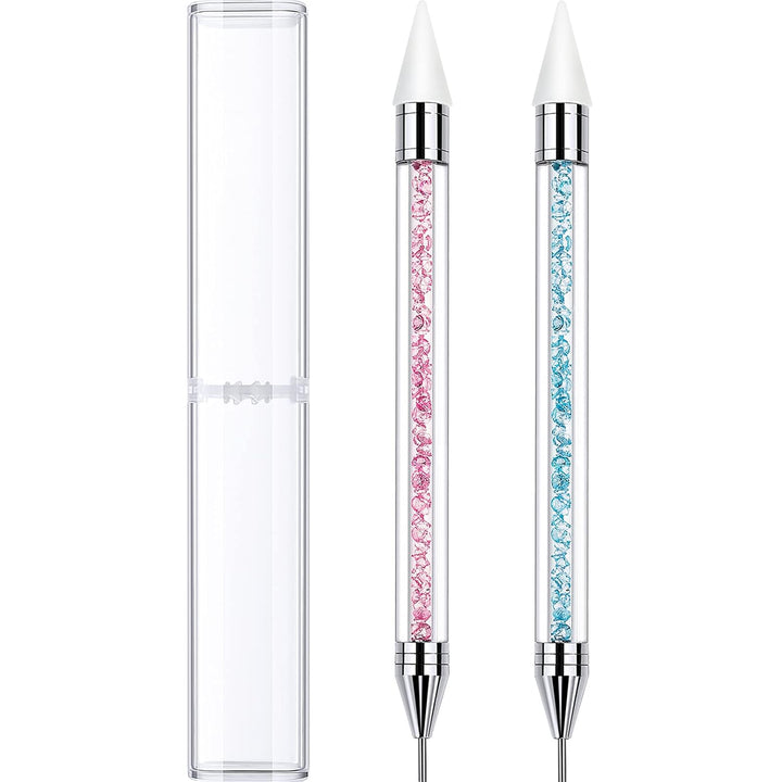 2 Pieces Rhinestone Picker Dotting Pen, Dual-Ended Rhinestone Gems Crystals Studs Picker Wax Pencil Pen Crystal Beads Handle Manicure Nail Art DIY Decoration Tool (Light Blue Pink)