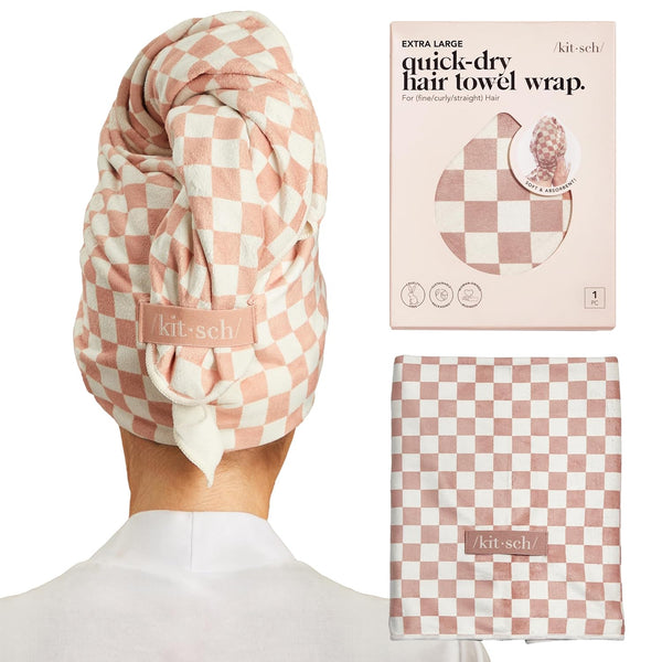 XL Microfiber Hair Towel Wrap for Women – Ultra Absorbent Microfiber Towel for Wet, Curly, Long or Short Hair – Quick Dry, Anti-Frizz Hair Wrap – Terracotta Checkered, 40X24 Inches