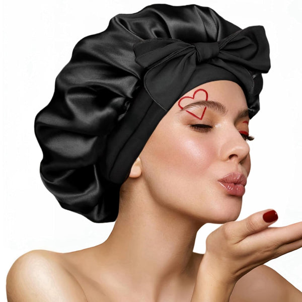 Silk Bonnet for Sleeping Women, Ajustable Hair Bonnet for Curly Hair with Tie Band Shower Caps Black，Large