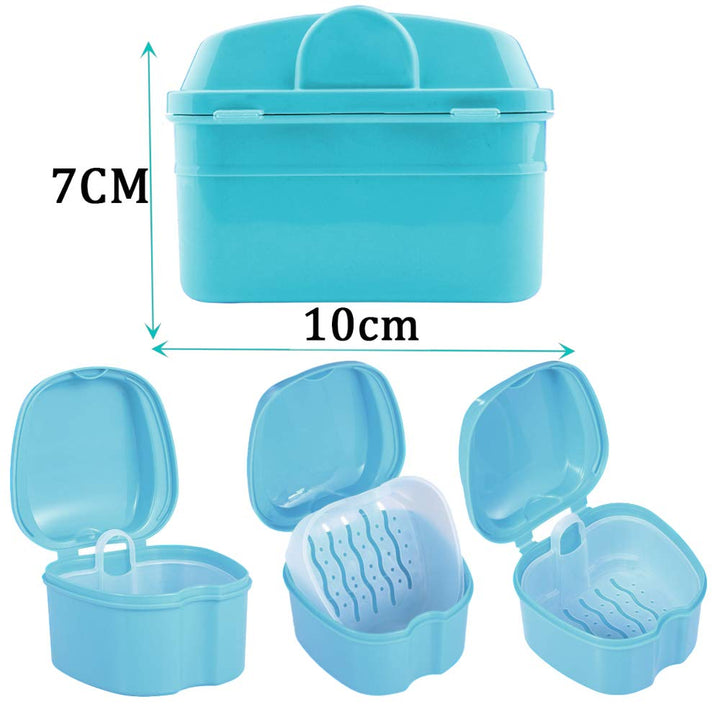 Denture Bath Box Cup, Complete Clean Care for Dentures, Clear Braces, Mouth Guard, Night Guard & Retainers, Traveling (Navy Blue & Blue)