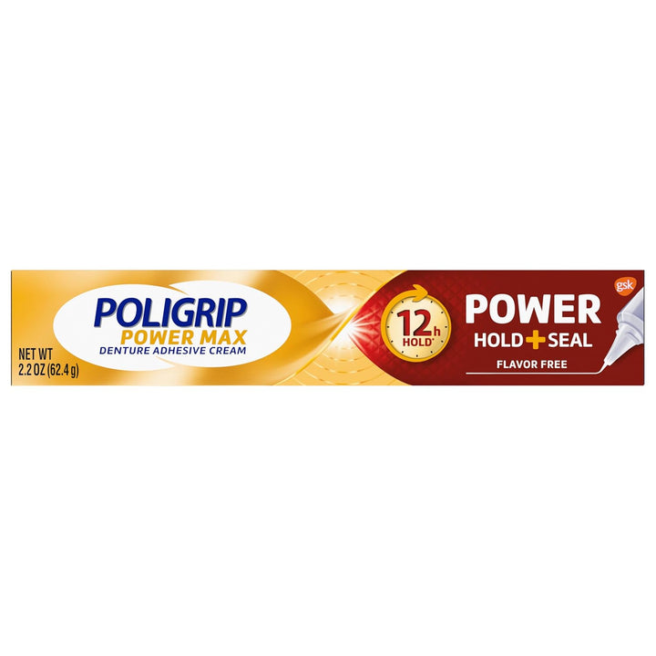 Poligrip Power Max Power Hold plus Seal Denture Adhesive Cream, Denture Cream for Secure Hold and Food Seal, Flavor Free - 2.2 Oz (Pack of 4)