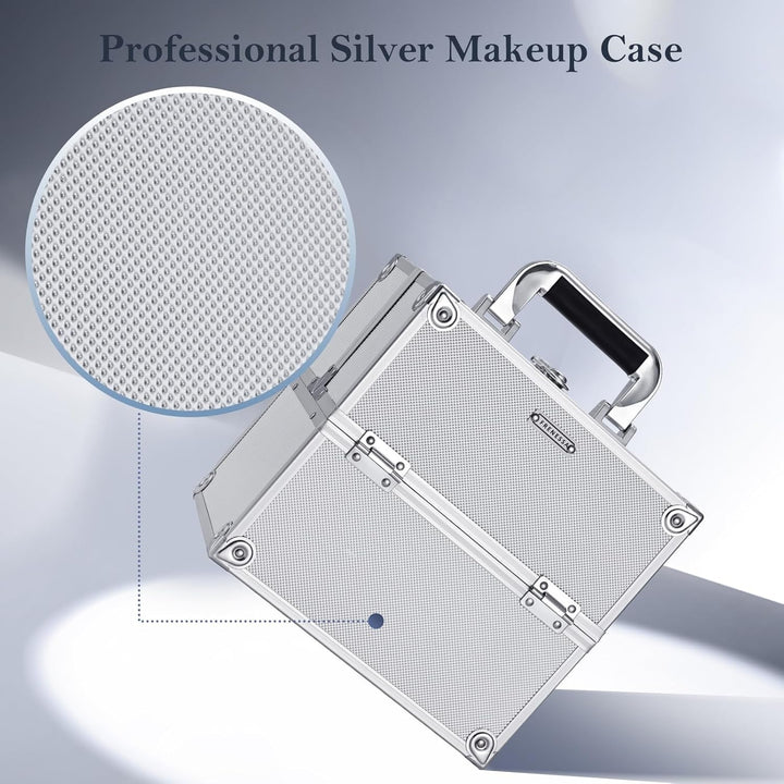 Makeup Train Case Makeup Organizer Box Portable Cosmetic Travel Case with Lock 4 Trays Aluminum Hard Vanity Box Make up Artist Nail Beauty Storage Organizer Cosmetic Suitcase Bright Silver