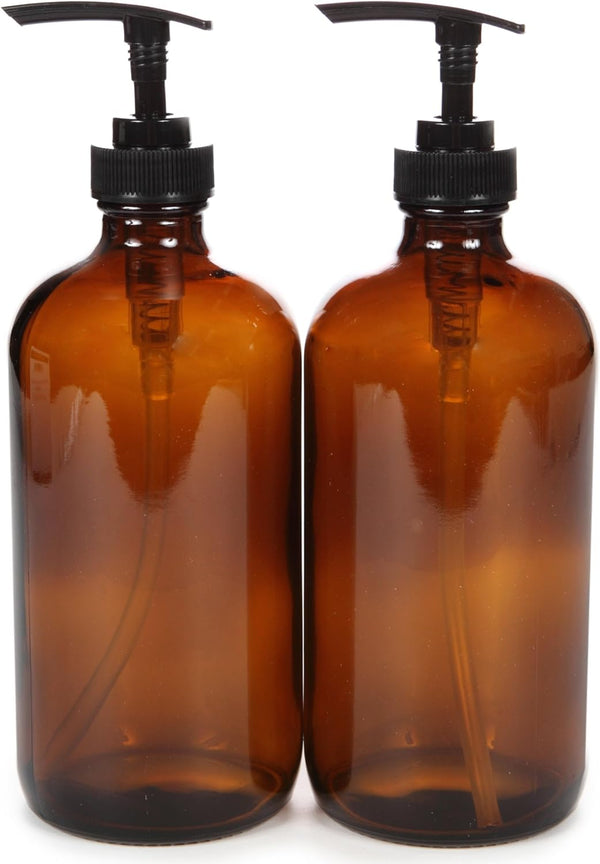 , 2, Large, 16 Oz, Empty, Amber Glass Bottles with Black Lotion Pumps