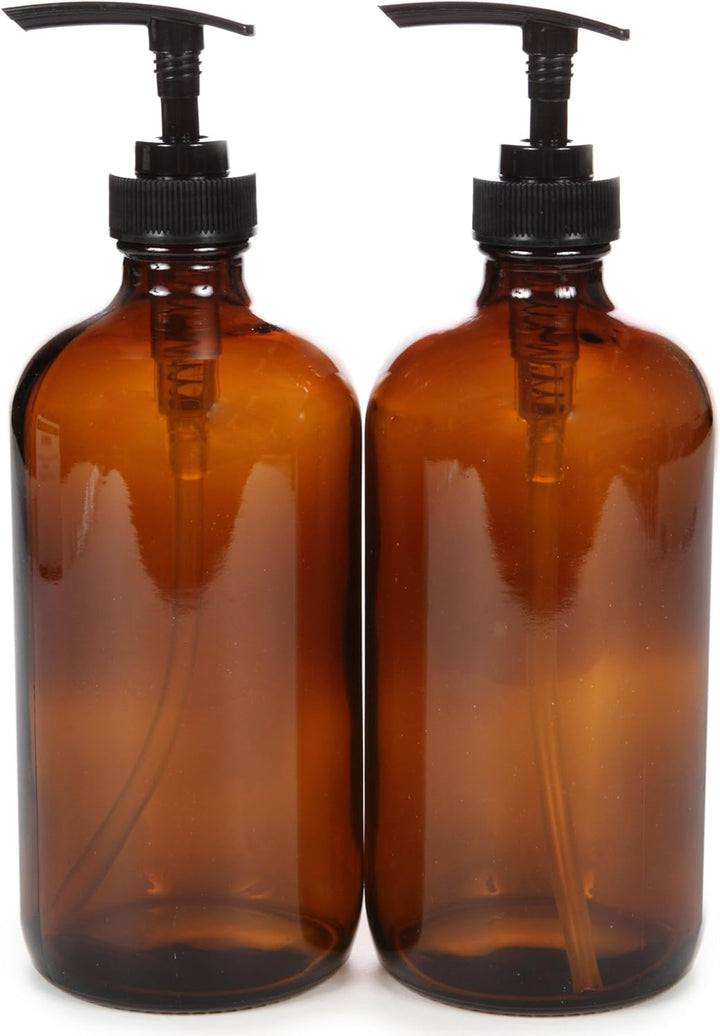 , 2, Large, 16 Oz, Empty, Amber Glass Bottles with Black Lotion Pumps