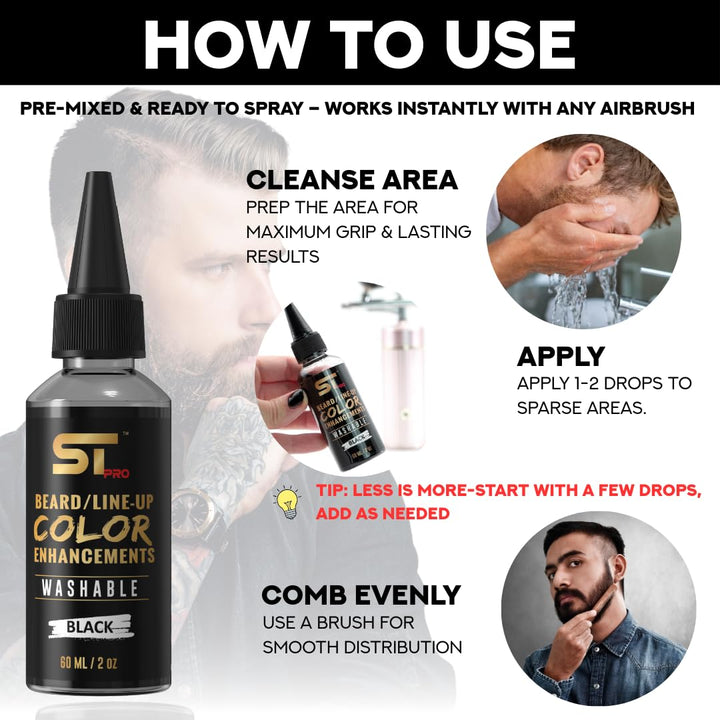 Airbrush Hair & Beard Enhancement Ink | Barber-Grade Line-Up & Filler Spray | Water Resistant, Washable, Pre-Mixed for Precision Hairlines & Sharp Edges (Washable / 60ML Black)