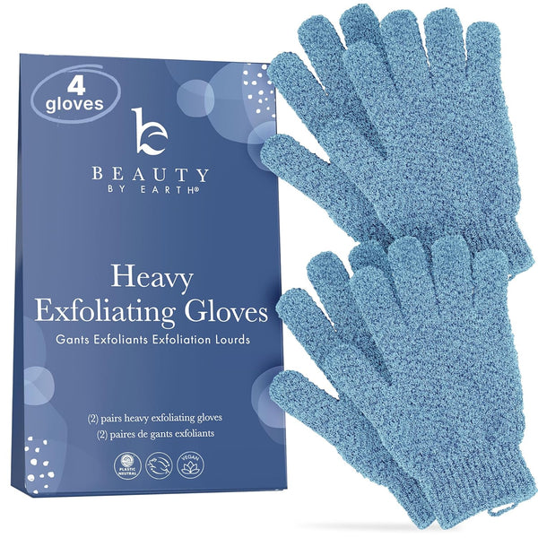 Exfoliating Glove (4 Pcs, 2 Pairs) - Heavy Shower Gloves for Body Scrub, Exfoliates & Removes Dead Skin