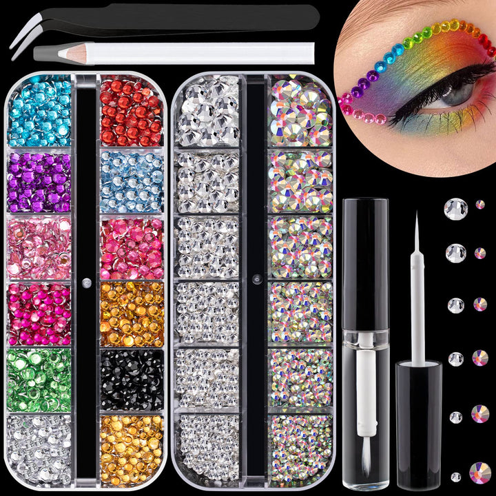 Flat Back Rhinestone Kits Colorful Rhinestones+Crystal Ab&Transparent White Face Gems Nail Gem with Quick Dry Makeup Glue+Picker Pencil+Tweezer for Bedazzling Face Makeup and Nail Art