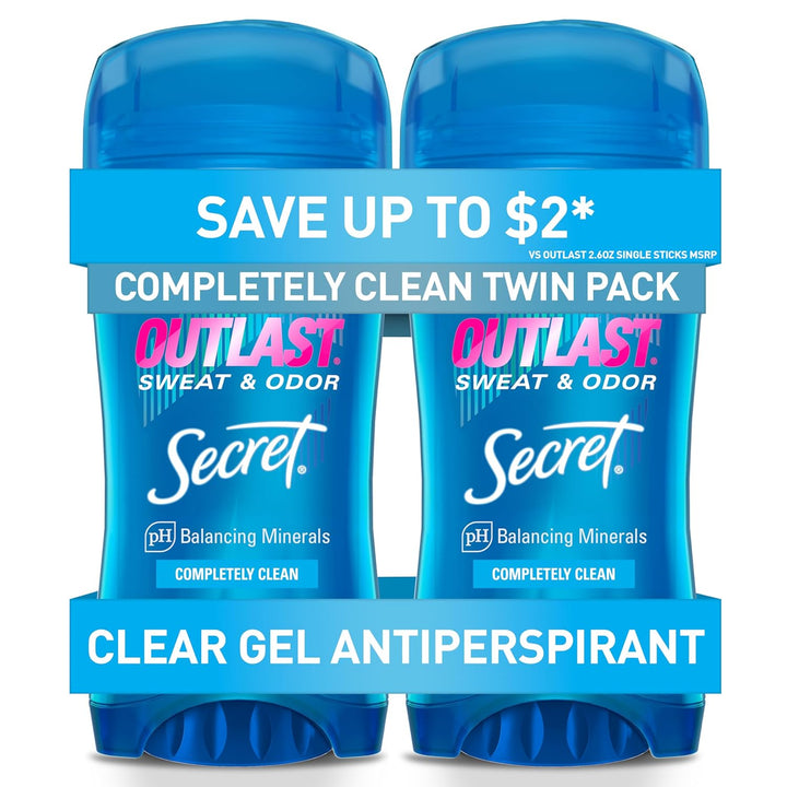 Outlast Antiperspirant Deodorant for Women, 72Hr Sweat & Odor Protection, PH Balancing Minerals, Clear Gel, Completely Clean Scent, 2.6 Oz (Pack of 2)