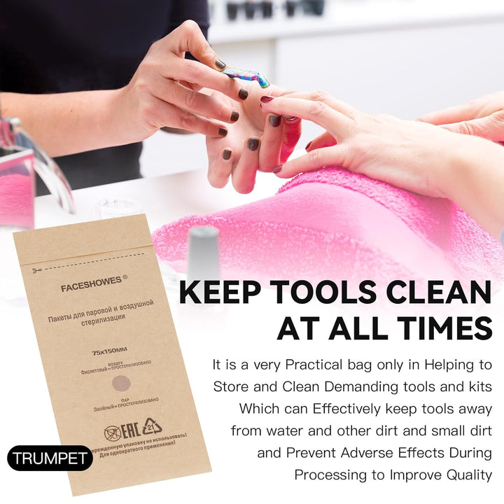 100Pcs Disposable Self-Sealing Sterilizer Pouches for Nail Tool, Dry Heat Autoclave Nail Tools Sterilizer Bags Kraft Paper Cleaning Bags for Dentist Tools and Nail Art Supplies (75Mm X 150Mm)