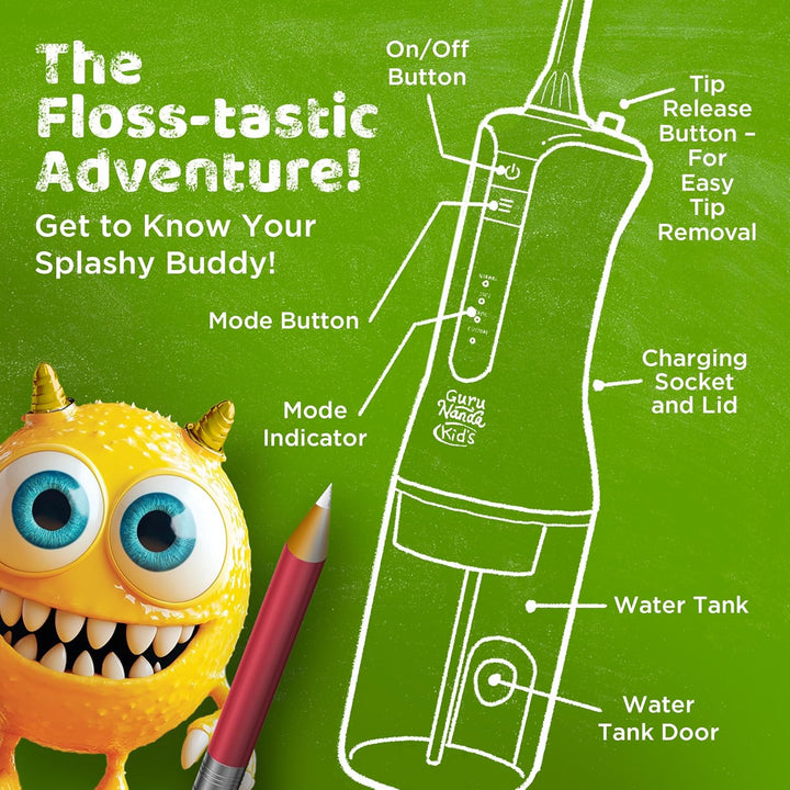 Kids Water Dental Flosser - 4 Flossing Modes, 4 Nozzles, 2-Min Smart Timer, Ages 6+, Monster Frens Theme, Portable Oral Care for Kids