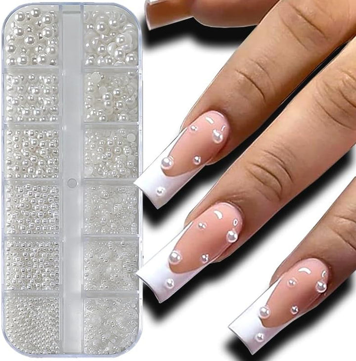 12 Grids Pearl Beads Nail Art Charms Nail Pearls White Pearl Charms for Nails Design Flat Back Pearls for Crafting Manicure Bead Kit Women Nail Beads Fingernail Decorations Cute Beads for Crafts