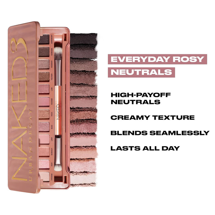 Naked 3, Soft Pink Neutral Eyeshadow Palette, Matte, Pearl, Metallic, Shimmer Finish, 12 Mauve Brown & Nude Eye Shadows, Natural Soft Glam Smokey Eye Makeup, Vegan, Cruelty-Free