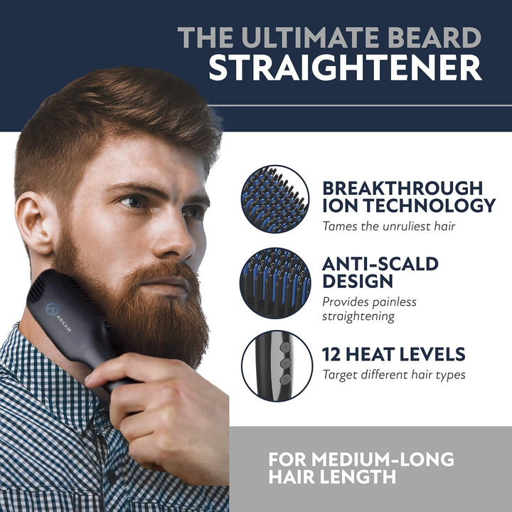 Beard Straightener for Men -Premium Heated Beard Brush Kit W/Anti-Scald Feature, Dual Action Hair Comb and Hard Shell Travel Case for Medium to Long Beards - Costume and Grooming Gifts for Men