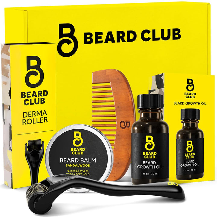 Enhanced Beard Growth Kit - Derma Roller, Beard Growth Oil (2PK), Sandalwood Beard Balm, Comb - Gift Set