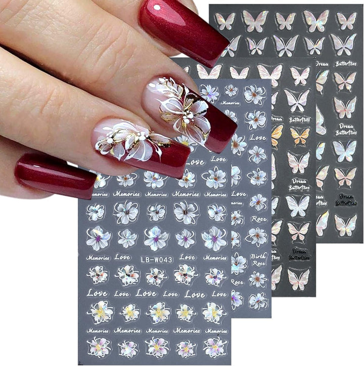 5D Embossed White Flowers Nail Stickers, 5 Sheets Self-Adhesive Floral Nail Decals, Spring Rose Butterfly Nail Art, 3D Acrylic Flowers for Manicure Decor
