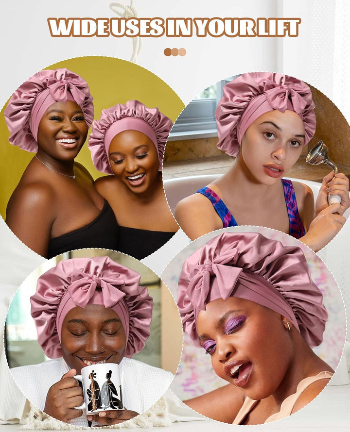 Satin Bonnet for Sleeping Cap Double Layer Hair Bonnet with Elastic Tie Band for Curly Hair Night Cap (Bean Paste + Pink)