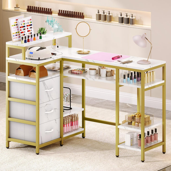 L Shape Nail Desk for Nail Tech - Spacious Manicure Table with Built-In Charging Station, Marbling Texture Manicure Station for Home, Beauty Salon Spa