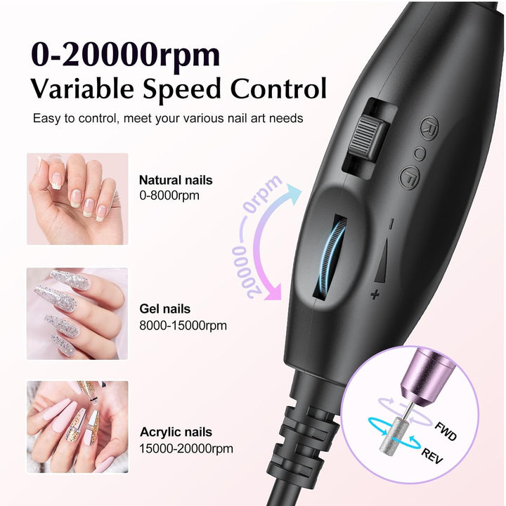 Electric Nail Drill File Professional: for Acrylic Gel Dip Powder Nails Portable Nail Machine Kit Manicure Pedicure Tools Polishing Set with Nail Drill Bits Sanding Bands