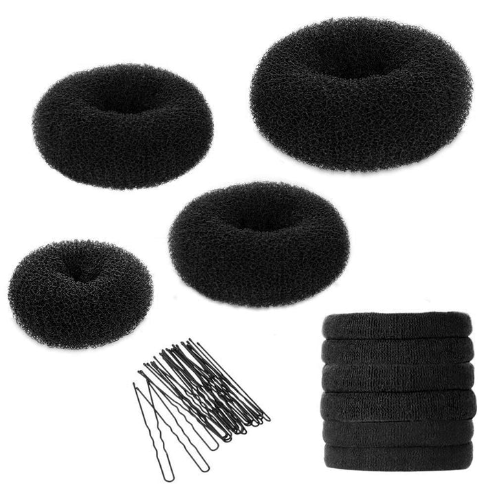 Hair Bun Maker Kit, Donut Bun Maker 4 Pieces (Large, Medium and Small), 6 Pieces Elastic Hair Ties, 20 Pieces Hair Bobby Pins, Brown