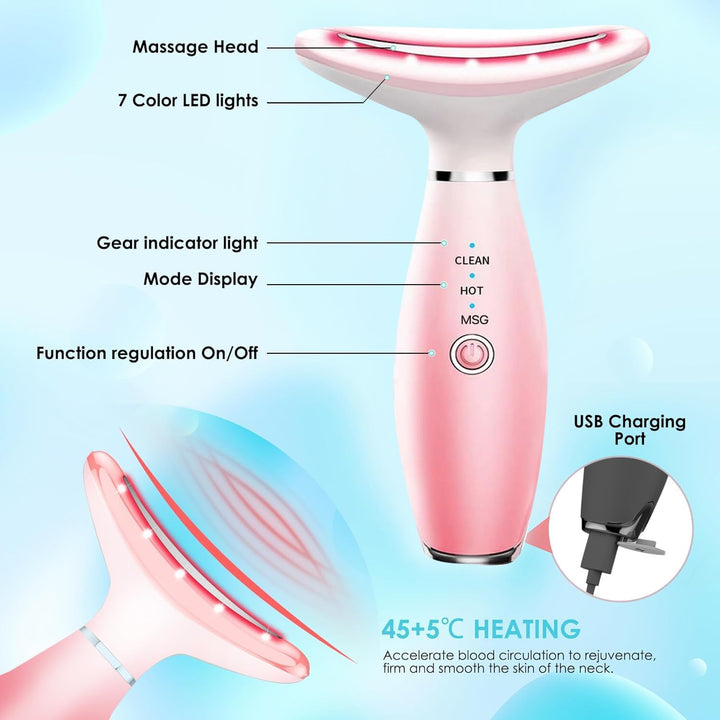 Face Massager -7 Color Red-Light-Therapy for Face and Neck for Wrinkles, Double Chin, Vibrating Facial Massager with Thermals (Pink)
