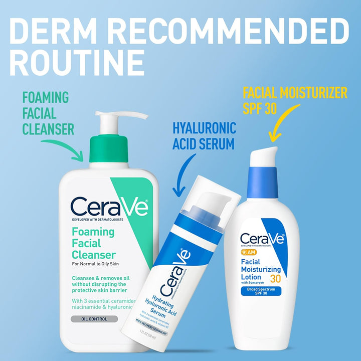 AM Facial Moisturizing Lotion with SPF 30, Oil-Free Face Moisturizer with SPF, Formulated with Hyaluronic Acid, Niacinamide & Ceramides, Non-Comedogenic, Broad Spectrum Sunscreen, 3 Ounce