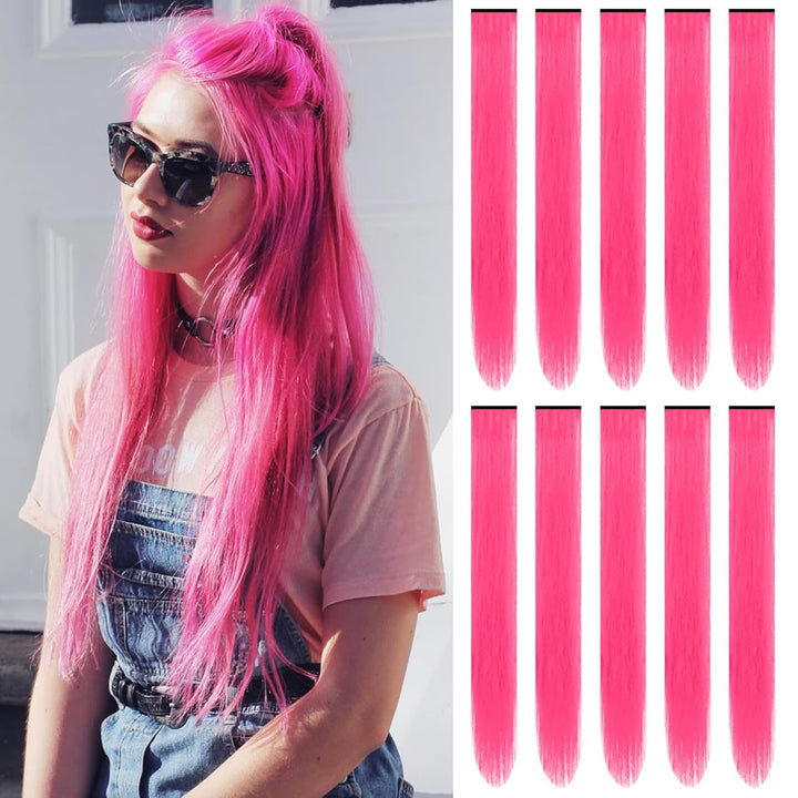 22 Inch Colored Hair Extensions Straight Hairpiece, Colorful Party Highlights Clip in Long Synthetic Hair Extensions for Women Kids Girls Favor Gift(10 PCS Hot Pink)
