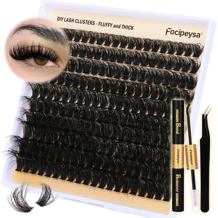 Lash Extension Kit Thick Eyelash Extension Kit 10-18Mm Fluffy Lash Clusters 200D Individual Eyelashes Kit with Lash Bond, Lash Remover, Lash Applicator, DIY Lashes Extension