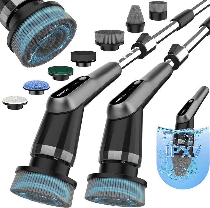 Electric Spin Scrubber,  IPX7 Bathroom Scrubber with 7 Replaceable Brush Heads & Retractable Handle, 2-Speed Adjustable Shower Cleaner Brush for Bathroom, Bathtub, Kitchen, Tile Floors