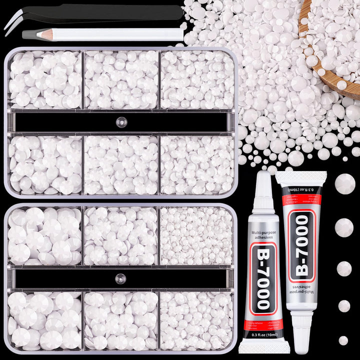 13000Pcs Flatback Pearls for Crafting (White), Assorted Size 2/3/4/5/6/8/10Mm Half Pearl Bead Gems with 3Pcs 10Ml B7000 Jewelry Glue, Bedazzling Kit for Crafts Shoes Graduation Cap Nail Art