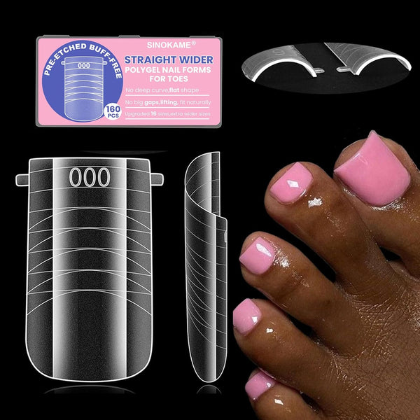Wide Pre-Etched Square Toe Dual Forms for Polygel, Poly Gel Toenail Forms Molds Extension Reusable,No File Needed,16 Sizes (000-13) with French Guidelines for Salon Home Diy,160Pcs