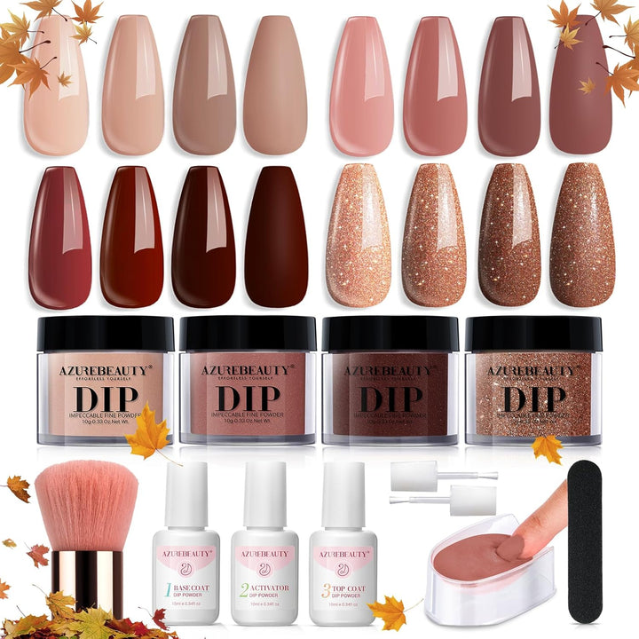 Dip Powder Nail Kit Starter, Fall 4 Colors Skin Nude Brown Glitter, Acrylic Dipping Powder Liquid Set with Base/Top Coat Activator for Daily French Nail Art Manicure DIY Gift 12 Pcs