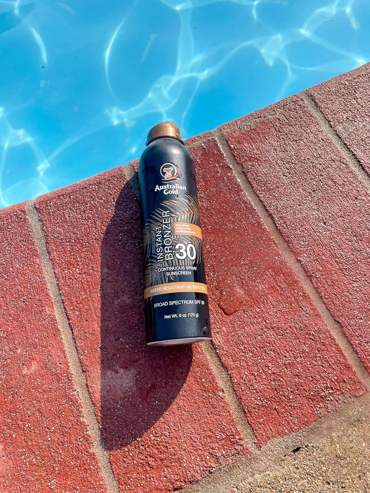Continuous Spray Sunscreen with Instant Bronzer SPF 30, Immediate Glow & Dries Fast Water Resistant Nongreasy Oxybenzone Free Cruelty Free, Bronzer New, Orange, 6 Oz