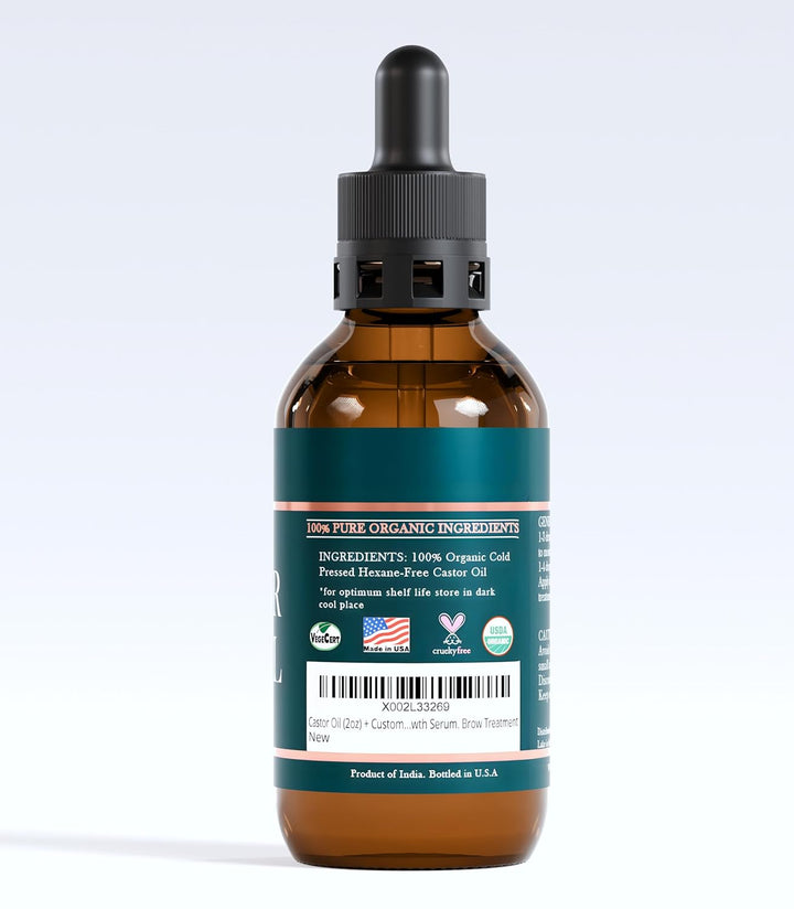Organic Castor Oil Lash Serum for Hair Growth, 100% Pure Eyebrow Eyelash Growth Serum, Cold Pressed Hexane Free (2Oz Glass Bottle + FILLED Mascara Tube)
