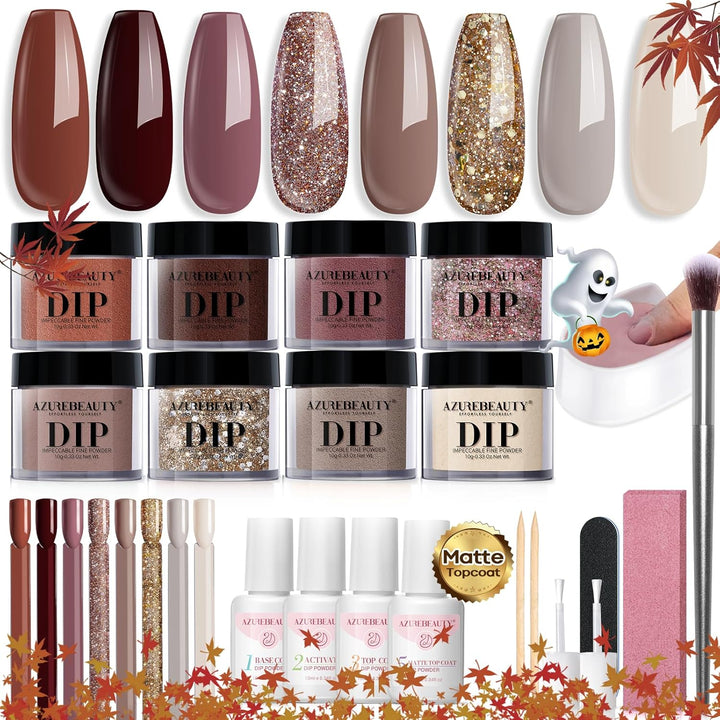 30Pcs Dip Powder Nail Kit Starter with Nail Sticks, 8 Colors Fall Winter Nude Brown Glitter, Dipping Powder Liquid Set with Matte/Base/Top Coat Activator for French Manicure Salon