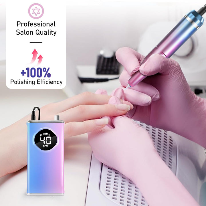 Electric Nail Drill File Professional 40000 RPM,  Rechargeable Electric Nail File Machine Kit for Acrylic Gel Nails Polishing Removing, Portable Cordless Efile with Gold Bits Kit at Salon Home